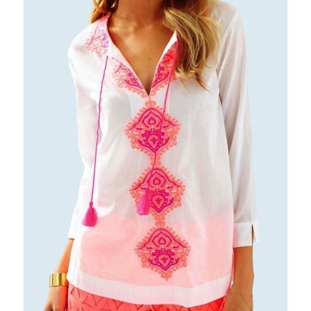 LILLY PULITZER Amelia Island Tunic White Neon Pink Size XS
